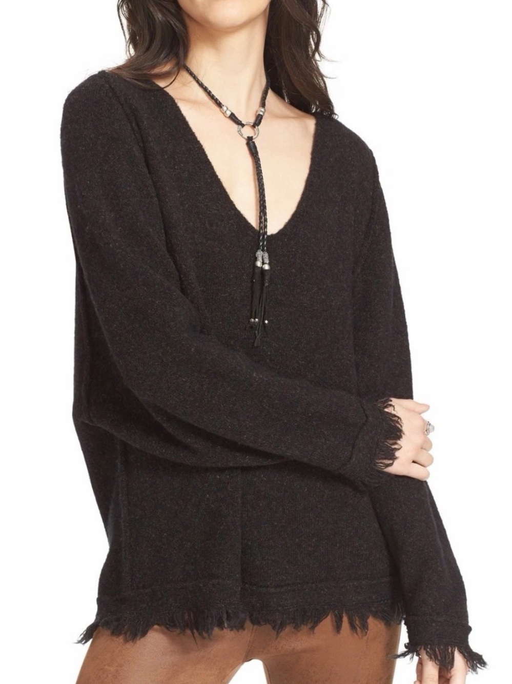 Free People Irresistible Fringe Trim Sweater Oversized Womens XS Black Brown